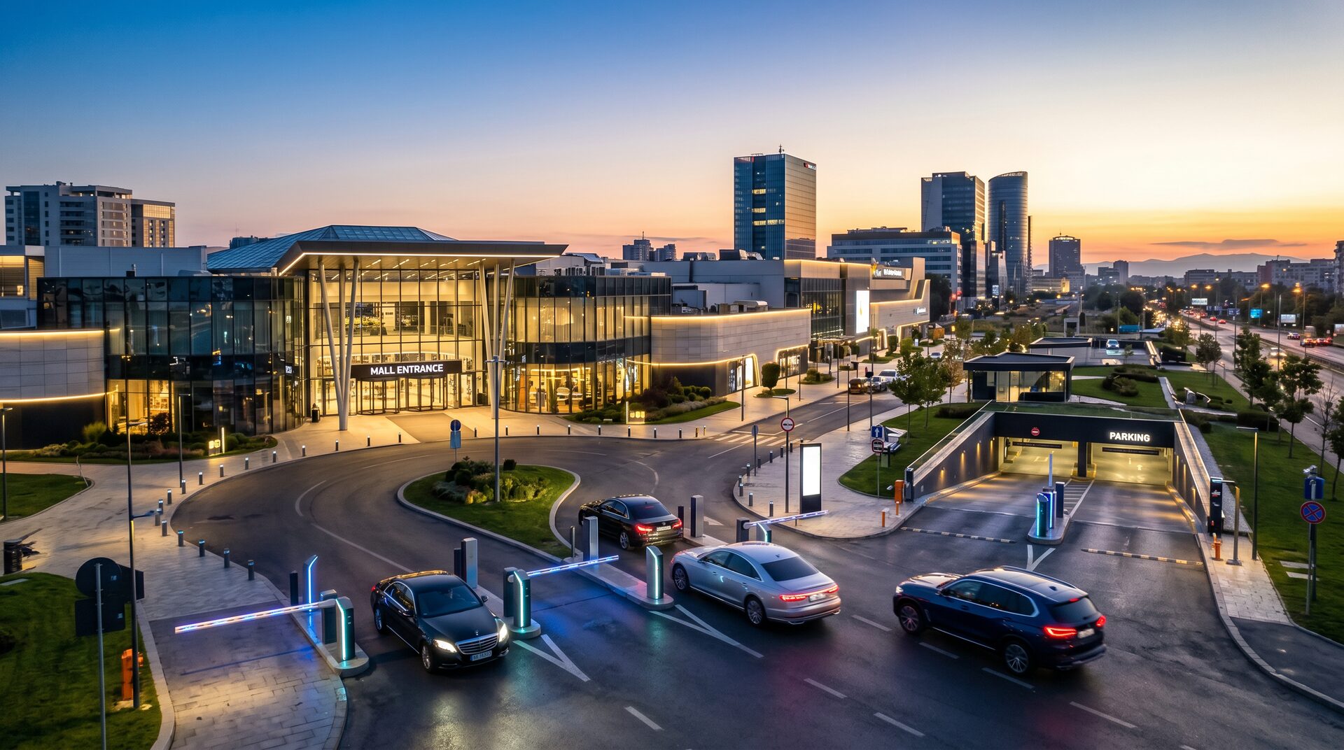 Mall modern cu bariere automate de parcare